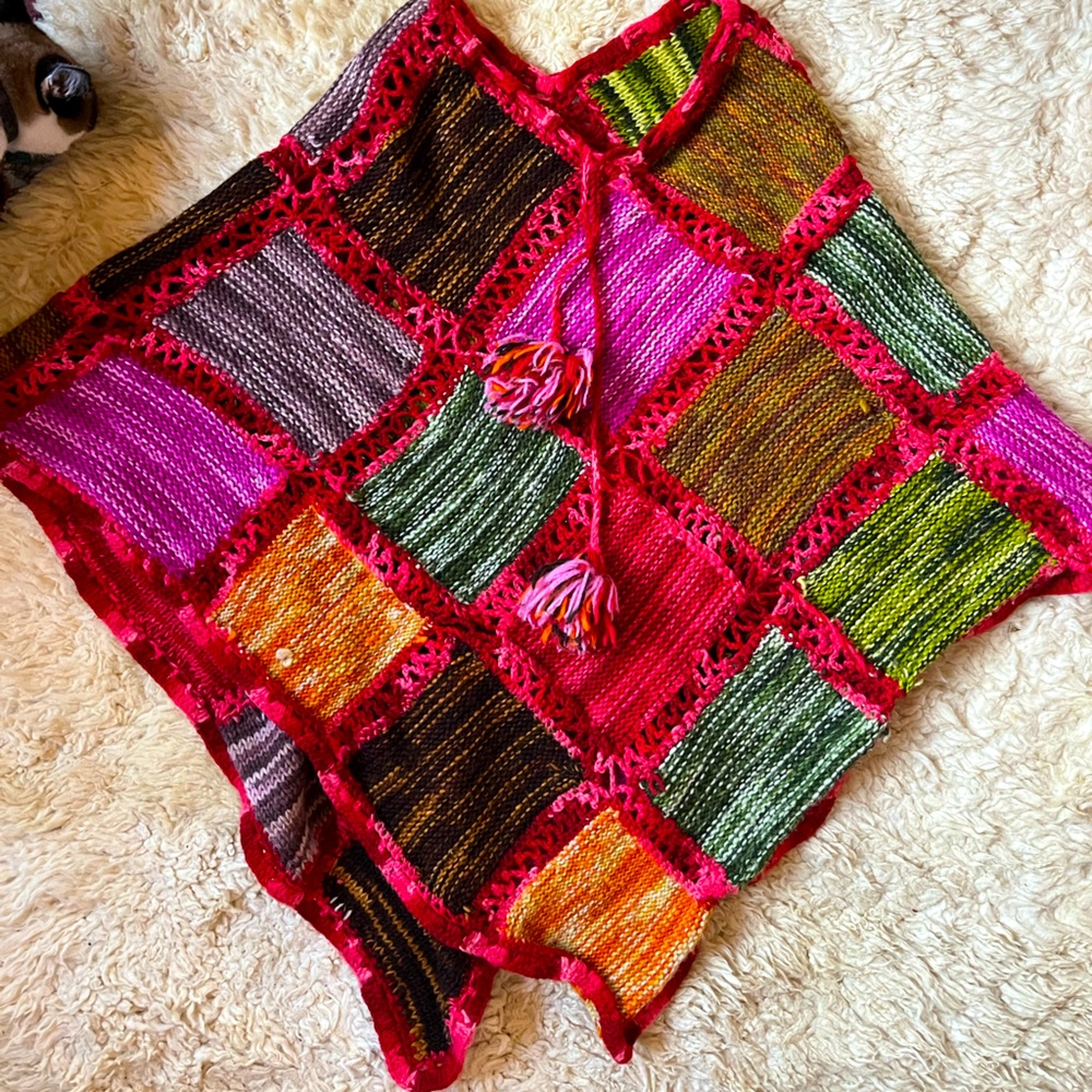 Unique hand crocheted poncho patchwork earthy hippie threads handmade